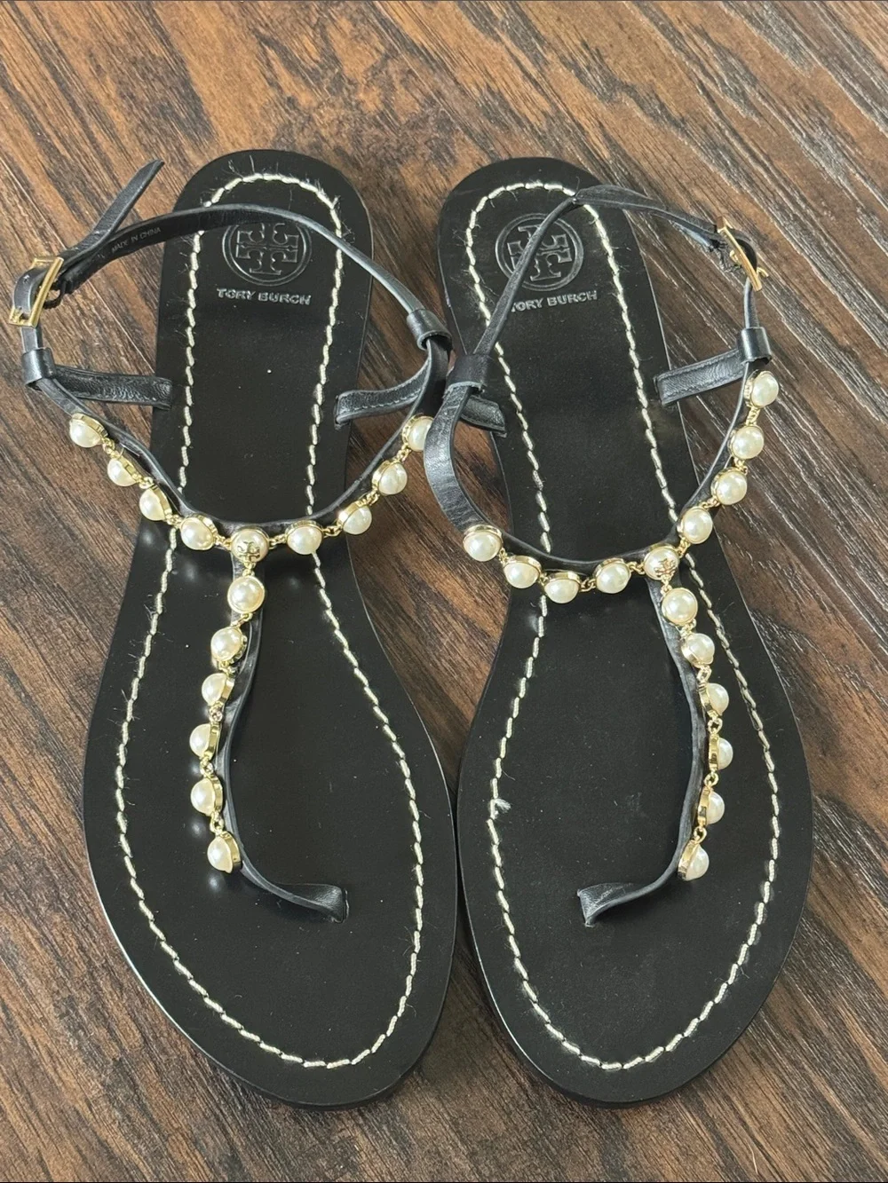 Tory Burch Black Leather Pearl-Trim T-Strap Sandals, Sz 11, Like New